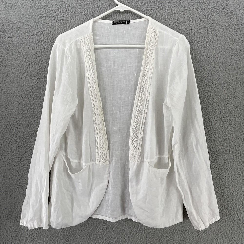 Lungo L'Arno Jacket Womens Large White 100% Linen Open Front Lace Sheer Italy